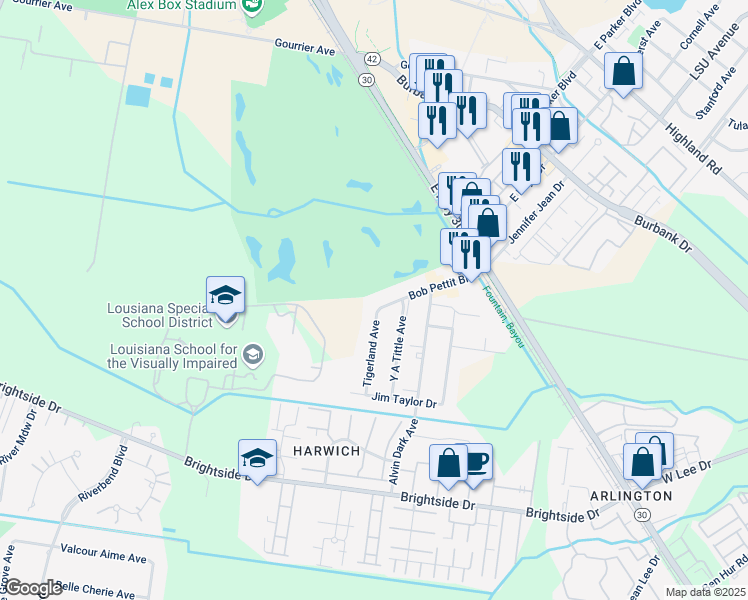 map of restaurants, bars, coffee shops, grocery stores, and more near 1350 Bob Pettit Boulevard in Baton Rouge