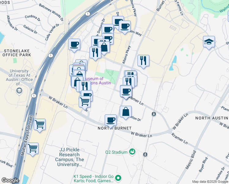 map of restaurants, bars, coffee shops, grocery stores, and more near 11009 Alterra Parkway in Austin