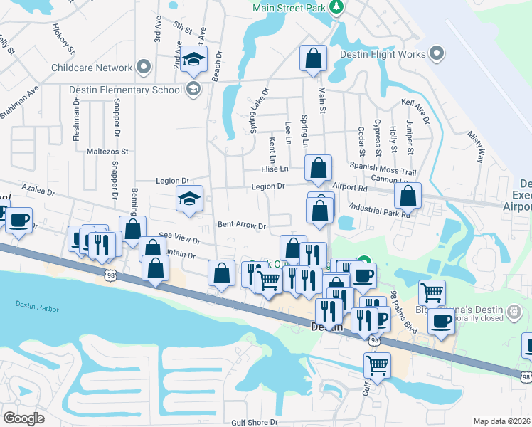 map of restaurants, bars, coffee shops, grocery stores, and more near 211 Indian Oaks Drive in Destin