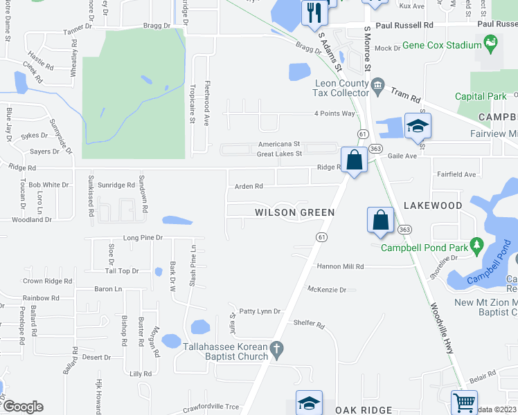 map of restaurants, bars, coffee shops, grocery stores, and more near 311 Wilson Green Boulevard in Tallahassee