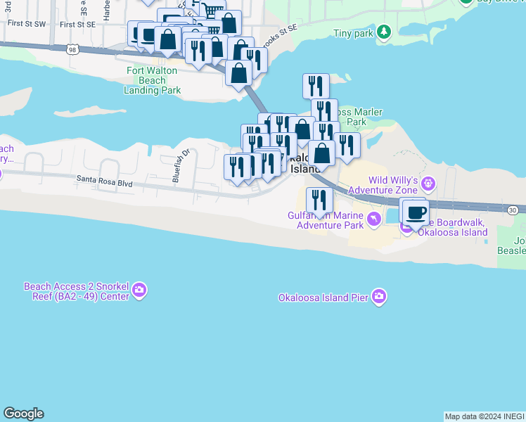 map of restaurants, bars, coffee shops, grocery stores, and more near 1112 Santa Rosa Boulevard in Fort Walton Beach