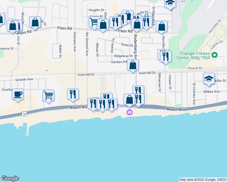 map of restaurants, bars, coffee shops, grocery stores, and more near 141 Travia Avenue in Biloxi