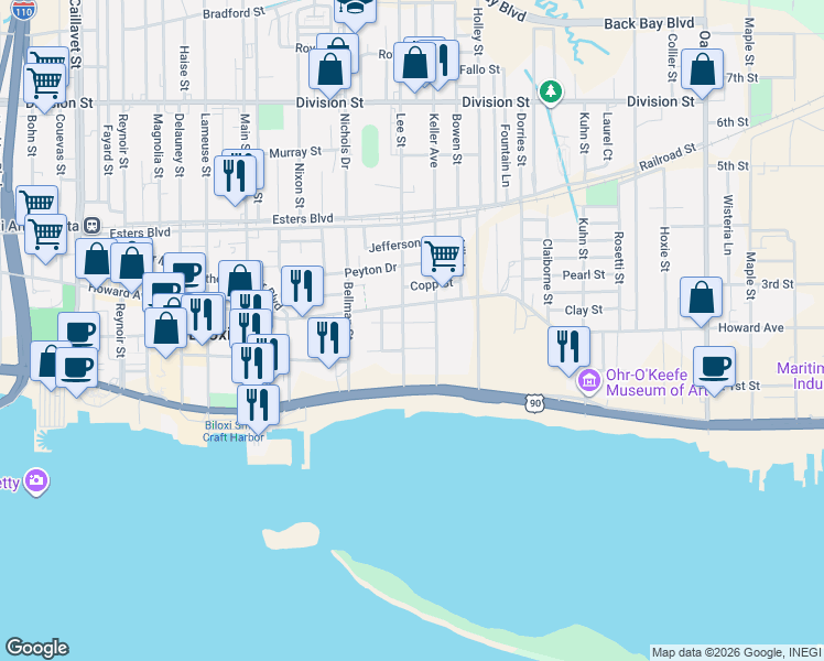 map of restaurants, bars, coffee shops, grocery stores, and more near 140-148 Lee Street in Biloxi