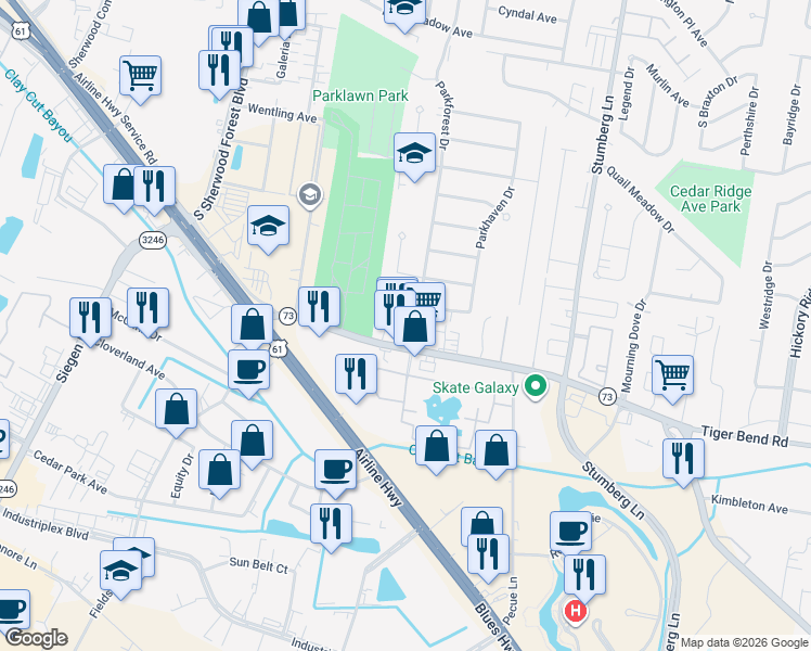 map of restaurants, bars, coffee shops, grocery stores, and more near 6124 Parkforest Drive in Baton Rouge