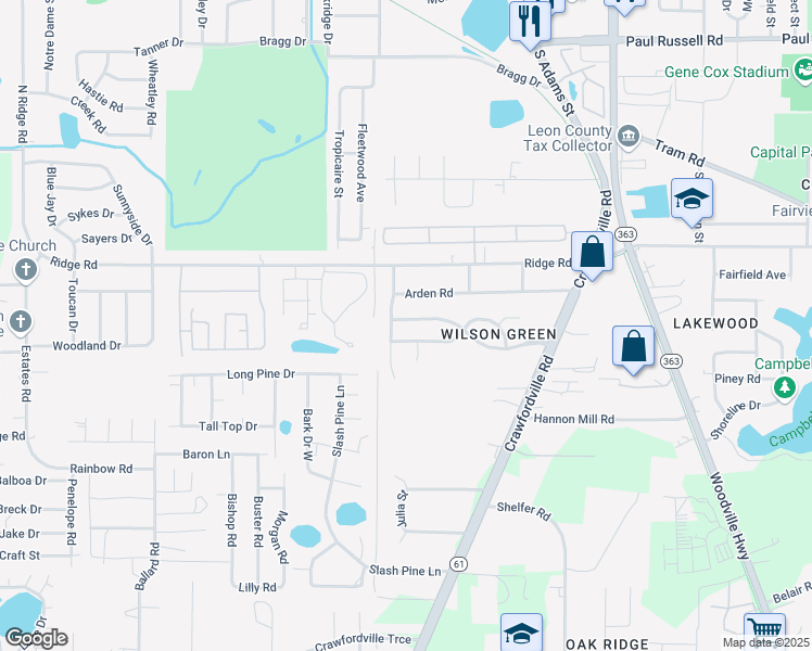 map of restaurants, bars, coffee shops, grocery stores, and more near 355 Wilson Green Boulevard in Tallahassee