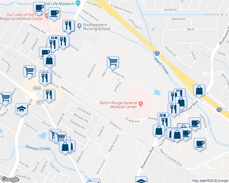 map of restaurants, bars, coffee shops, grocery stores, and more near 5212 Summa Court in Baton Rouge