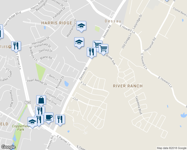 map of restaurants, bars, coffee shops, grocery stores, and more near 6121 Dessau Road in Austin
