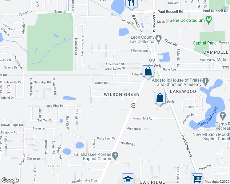 map of restaurants, bars, coffee shops, grocery stores, and more near 287 Carterwood Drive in Tallahassee