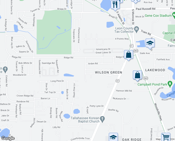 map of restaurants, bars, coffee shops, grocery stores, and more near 359 Wilson Green Boulevard in Tallahassee
