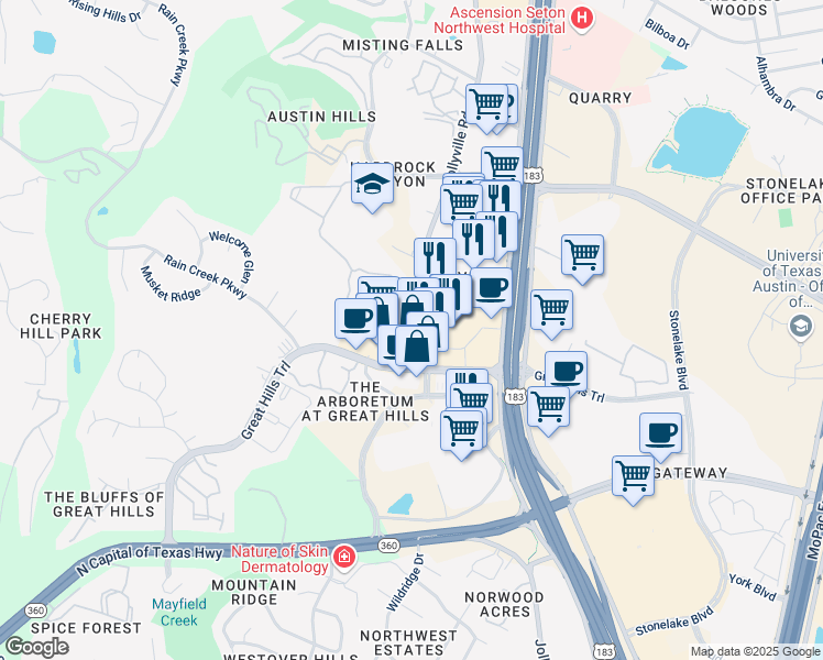 map of restaurants, bars, coffee shops, grocery stores, and more near 10114 Jollyville Road in Austin