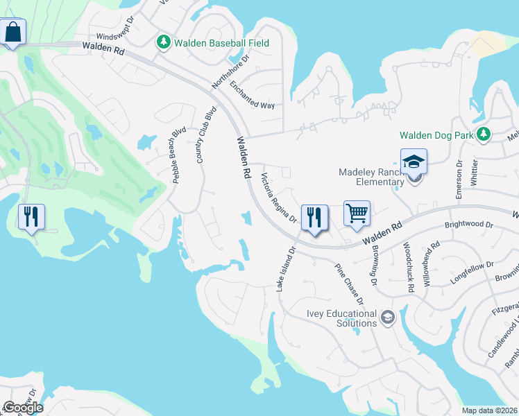 map of restaurants, bars, coffee shops, grocery stores, and more near 13018 Walden Road in Montgomery