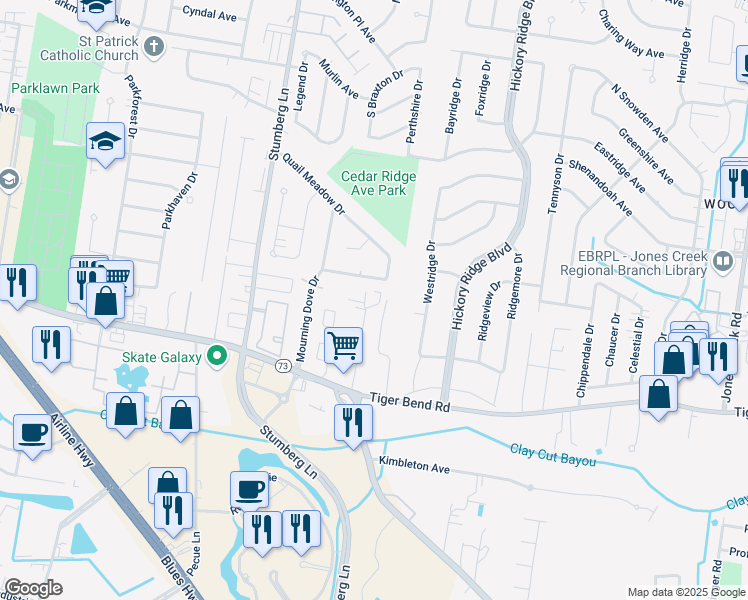 map of restaurants, bars, coffee shops, grocery stores, and more near 13344 Whippoorwill Avenue in Baton Rouge