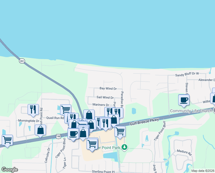 map of restaurants, bars, coffee shops, grocery stores, and more near 3885 Captains Court in Gulf Breeze