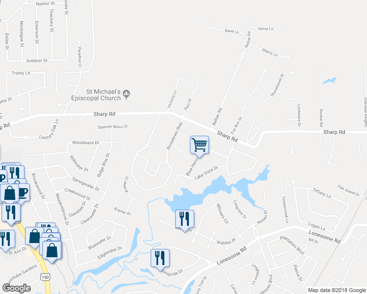 map of restaurants, bars, coffee shops, grocery stores, and more near 6 Oak Alley in Mandeville