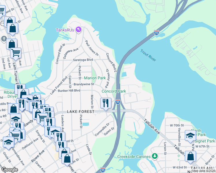 map of restaurants, bars, coffee shops, grocery stores, and more near 8032 Concord Circle in Jacksonville