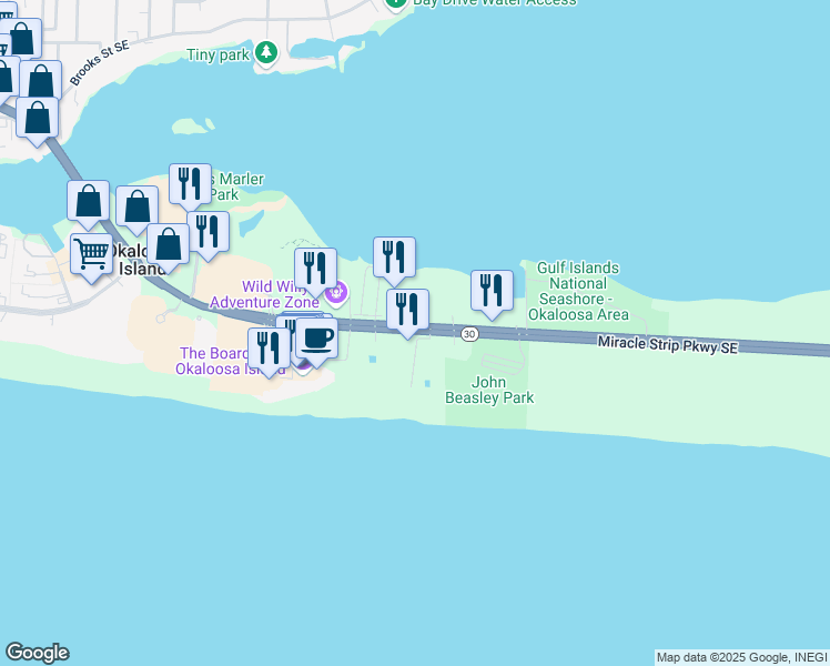 map of restaurants, bars, coffee shops, grocery stores, and more near 1318 U.S. 98 in Okaloosa Island