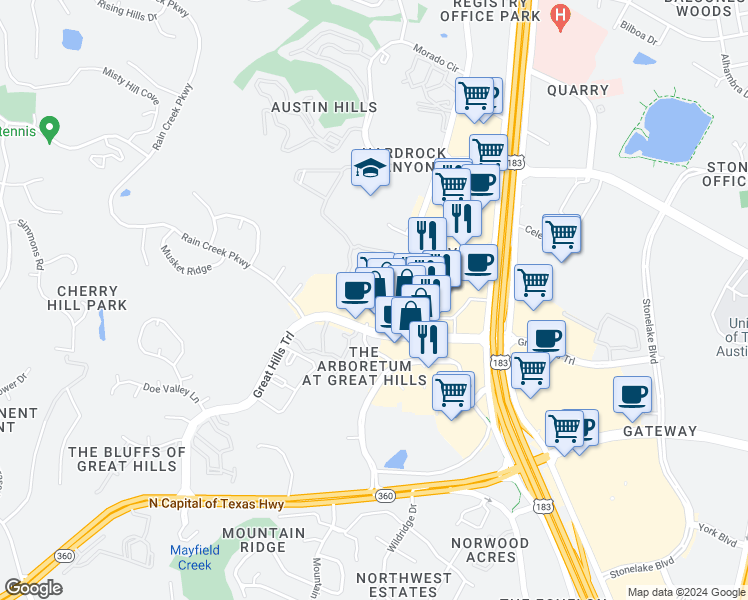 map of restaurants, bars, coffee shops, grocery stores, and more near 9722 Great Hills Trail in Austin
