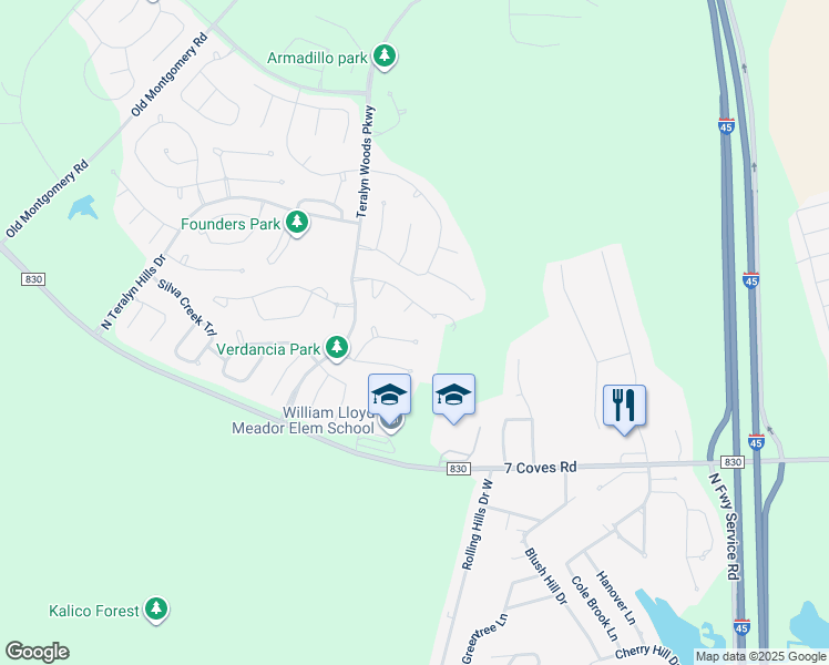 map of restaurants, bars, coffee shops, grocery stores, and more near 108 Evening Tide Court in Willis