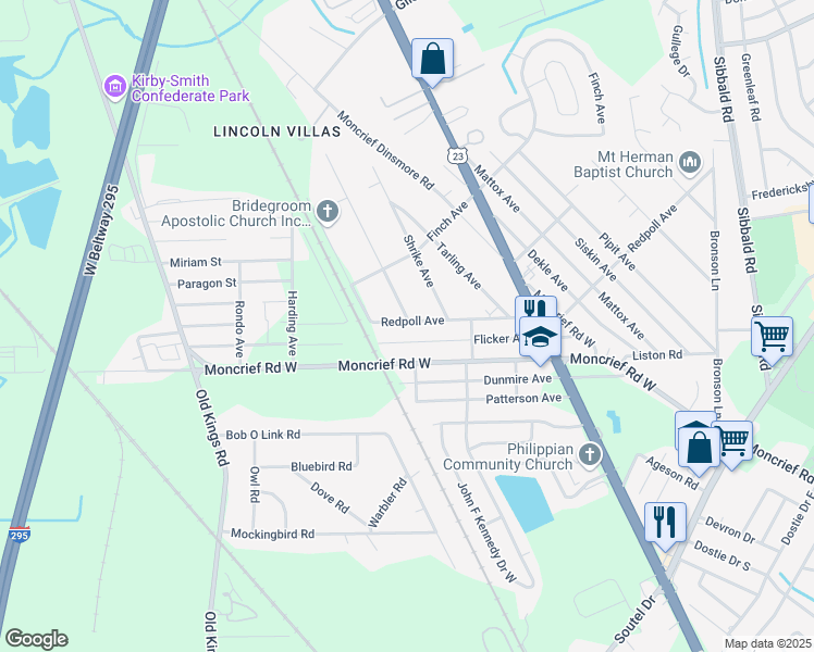 map of restaurants, bars, coffee shops, grocery stores, and more near 6058 Redpoll Avenue in Jacksonville