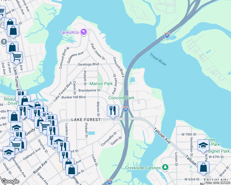 map of restaurants, bars, coffee shops, grocery stores, and more near 8032 Concord Circle in Jacksonville