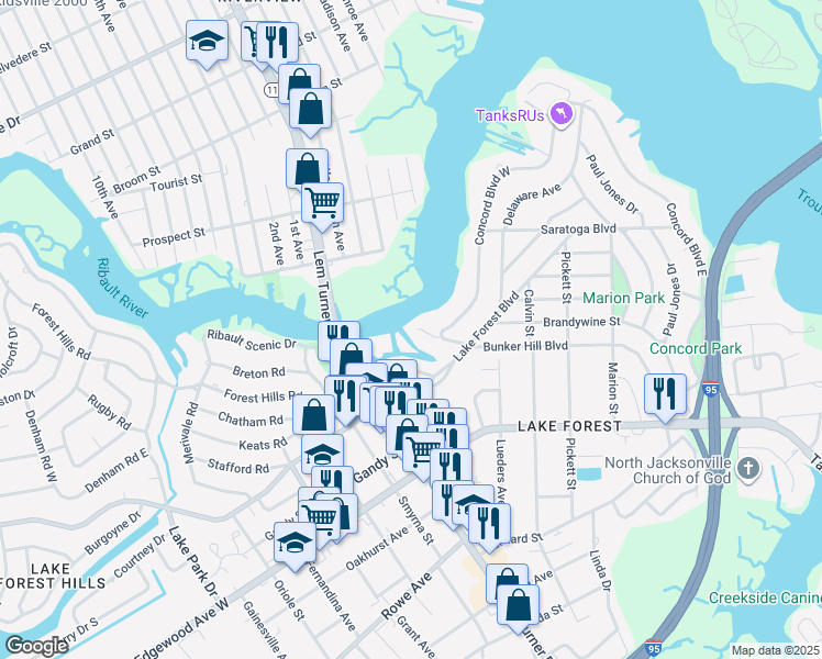 map of restaurants, bars, coffee shops, grocery stores, and more near 7906 Concord Boulevard West in Jacksonville