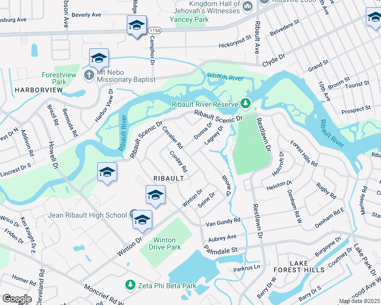 map of restaurants, bars, coffee shops, grocery stores, and more near 3052 Donna Drive in Jacksonville