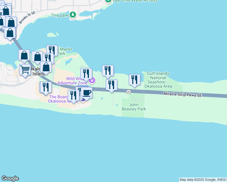 map of restaurants, bars, coffee shops, grocery stores, and more near 1318 U.S. 98 in Okaloosa Island