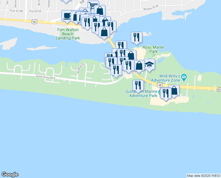 map of restaurants, bars, coffee shops, grocery stores, and more near 225 Santa Rosa Boulevard in Fort Walton Beach