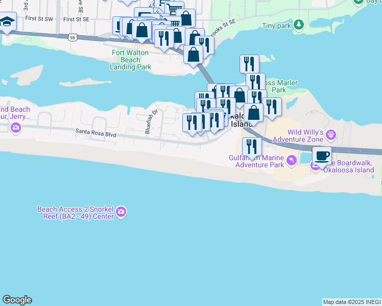 map of restaurants, bars, coffee shops, grocery stores, and more near 225 Santa Rosa Boulevard in Fort Walton Beach
