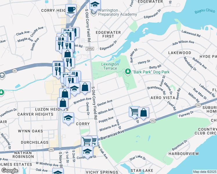 map of restaurants, bars, coffee shops, grocery stores, and more near 900 South Old Corry Field Road in Pensacola