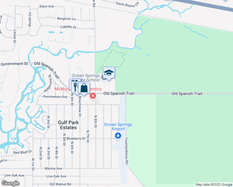 map of restaurants, bars, coffee shops, grocery stores, and more near 8684-8898 Old Spanish Trail in Ocean Springs