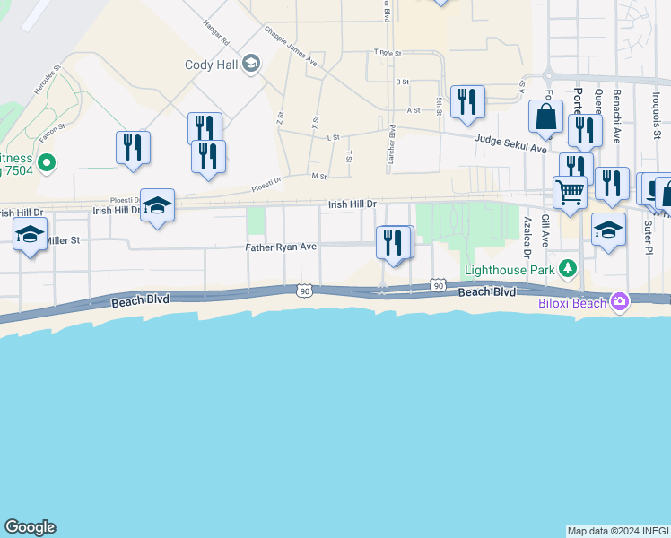 map of restaurants, bars, coffee shops, grocery stores, and more near 134 Saint Jude Street in Biloxi