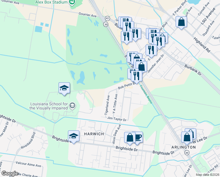 map of restaurants, bars, coffee shops, grocery stores, and more near 1306 Bob Pettit Boulevard in Baton Rouge