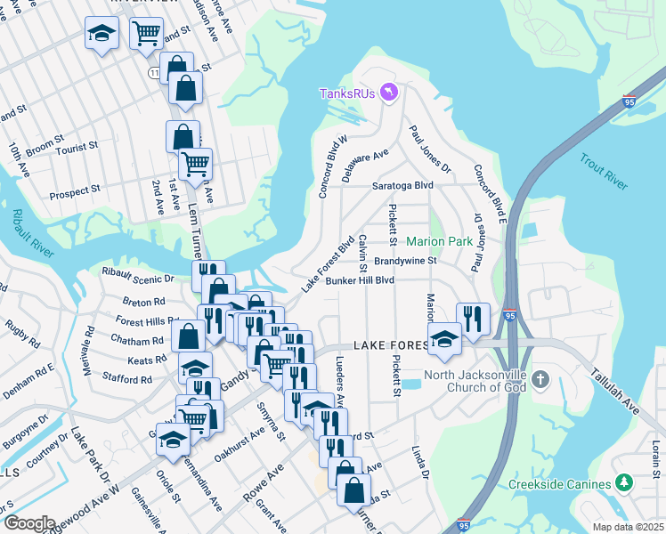 map of restaurants, bars, coffee shops, grocery stores, and more near 1156 Brandywine Street in Jacksonville