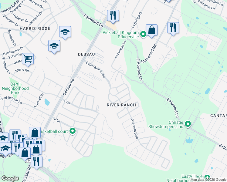 map of restaurants, bars, coffee shops, grocery stores, and more near 30 Danbury Woods Circle in Austin