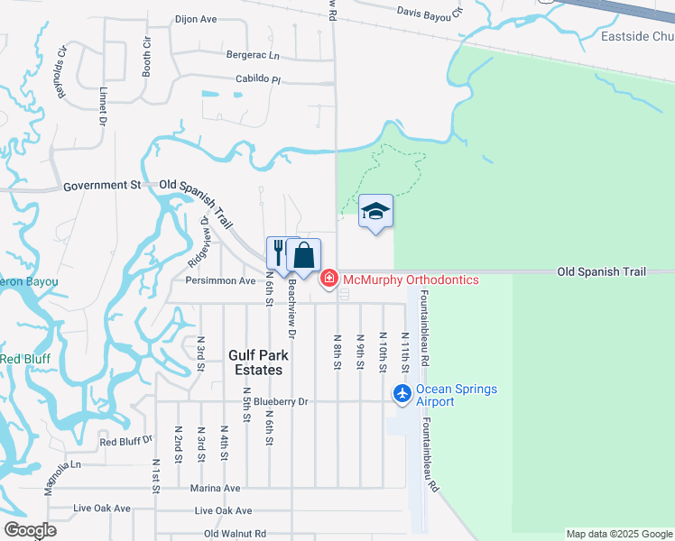 map of restaurants, bars, coffee shops, grocery stores, and more near 8898 Old Spanish Trail in Ocean Springs