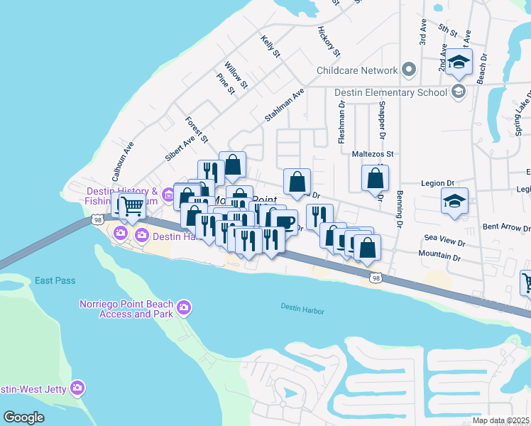 map of restaurants, bars, coffee shops, grocery stores, and more near 319 Mountain Drive in Destin