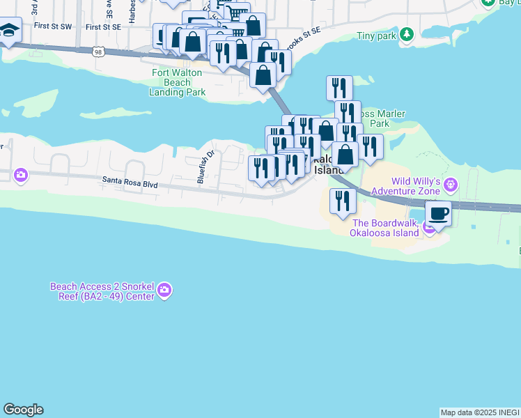 map of restaurants, bars, coffee shops, grocery stores, and more near 225 Santa Rosa Boulevard in Fort Walton Beach