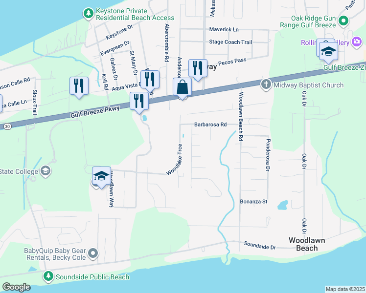 map of restaurants, bars, coffee shops, grocery stores, and more near 5335 Woodlake Trace in Gulf Breeze
