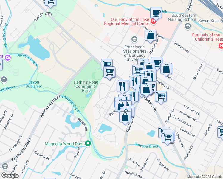 map of restaurants, bars, coffee shops, grocery stores, and more near 2015 Camelia Trace Drive in Baton Rouge