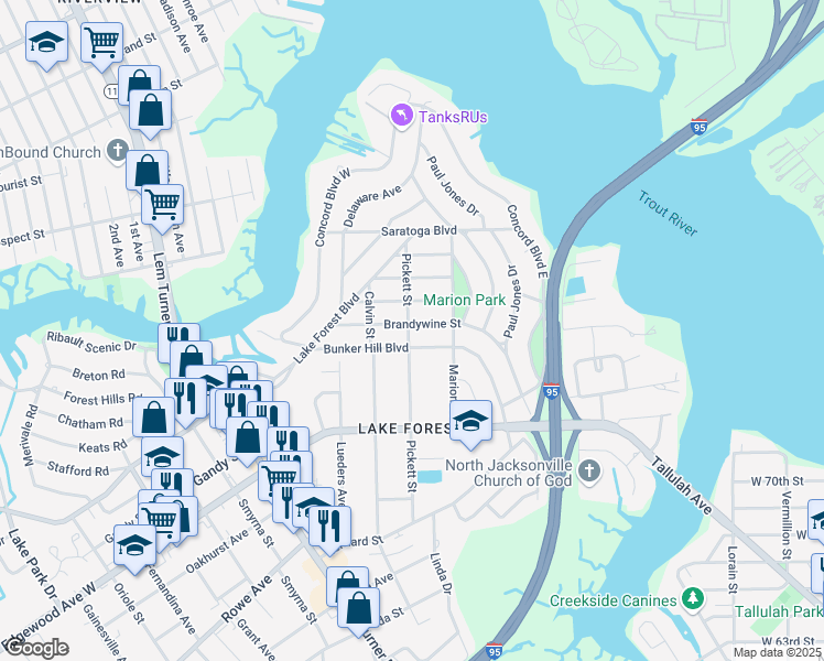 map of restaurants, bars, coffee shops, grocery stores, and more near 962 Brandywine Street in Jacksonville