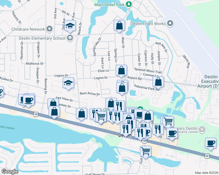 map of restaurants, bars, coffee shops, grocery stores, and more near 192 Bent Arrow Drive in Destin