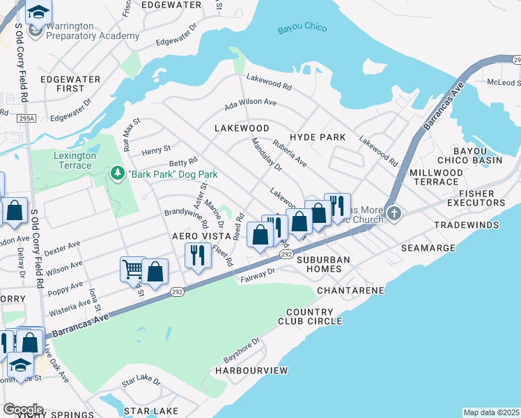 map of restaurants, bars, coffee shops, grocery stores, and more near 121 Rue Max Street in Pensacola