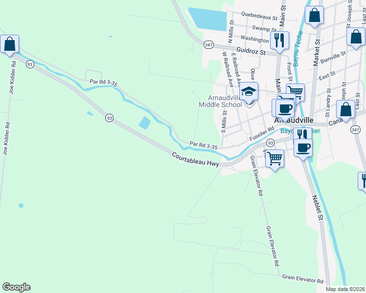 map of restaurants, bars, coffee shops, grocery stores, and more near 404 Fuselier Road in Arnaudville