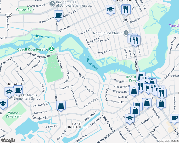 map of restaurants, bars, coffee shops, grocery stores, and more near 1973 Ribault Scenic Drive in Jacksonville