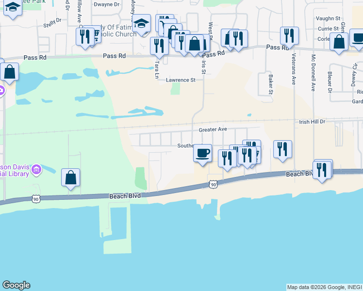 map of restaurants, bars, coffee shops, grocery stores, and more near 2020 Southern Avenue in Biloxi
