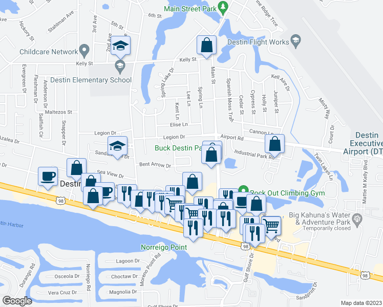 map of restaurants, bars, coffee shops, grocery stores, and more near 192 Bent Arrow Drive in Destin