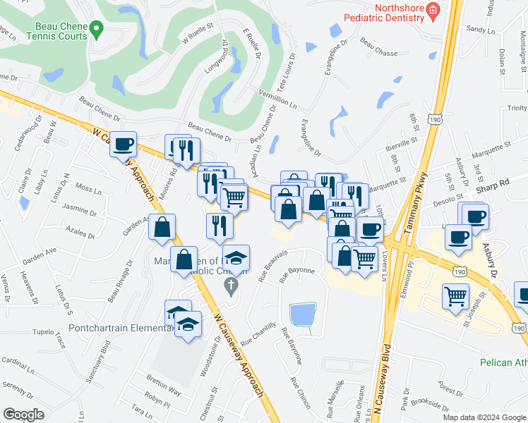 map of restaurants, bars, coffee shops, grocery stores, and more near 4300 Louisiana 22 in Mandeville