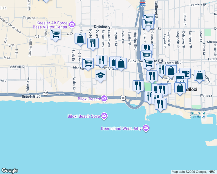 map of restaurants, bars, coffee shops, grocery stores, and more near 131 Suter Place in Biloxi