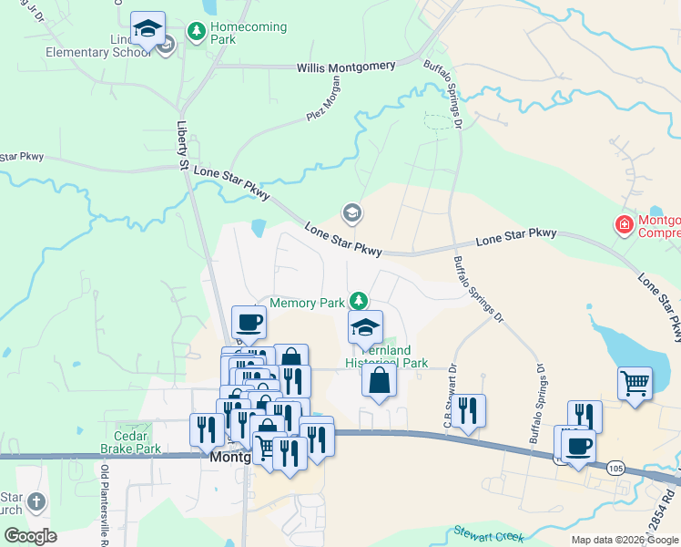 map of restaurants, bars, coffee shops, grocery stores, and more near 174 Harley Drive in Montgomery